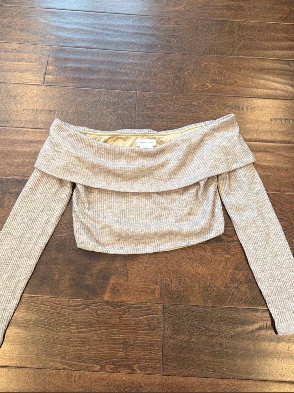 Lovers + Friends Off-Shoulder Ribbed Crop Top in Beige
